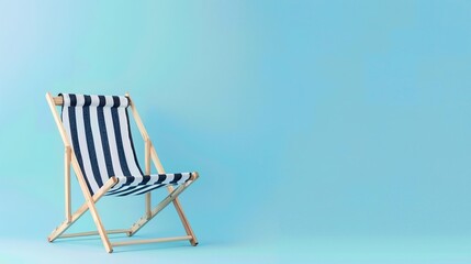 Minimalist beach chair with blue and white stripes against a pastel blue background, evoking a calm and serene summer atmosphere.