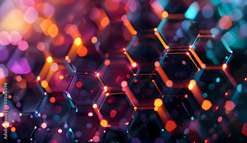 Poster colorful abstract background with hexagonal shapes and bokeh lights, ideal for tech and design proje