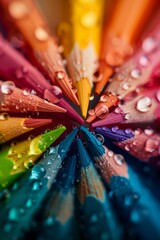 Obraz premium A close-up shot of colored pencil tips arranged in a flower shape, with dewdrops glistening on the colors