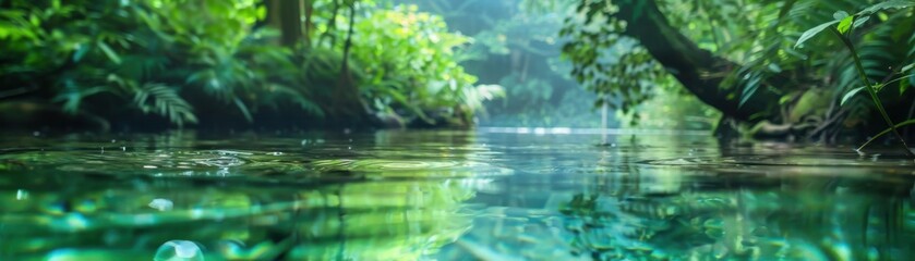 Fototapeta premium Rainforest river close up, focus on, copy space, clear water, double exposure silhouette with jungle animals