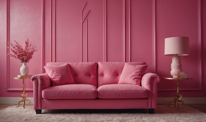 Relaxing pink living room with sofa, lamp, and decor