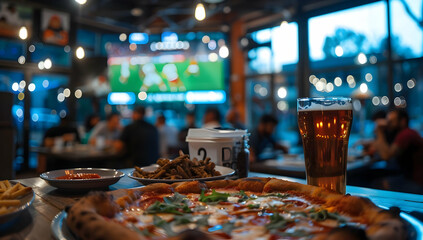 Cozy pizzeria with delicious pizza, beer, and sides while watching a sports game on TV. Perfect for a casual dining experience with friends.