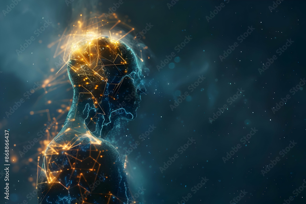 Poster digital representation of a human figure with glowing neural connections, symbolizing artificial int