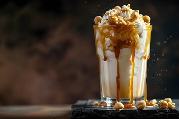 Delicious caramel milkshake topped with whipped cream and nuts, served in a glass on a dark background.