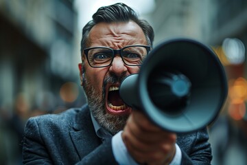 Angry Man Shouting Through Megaphone in City Street