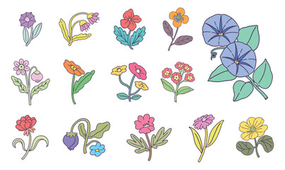 Colorful Flowers outline cartoon drawing. Decorative flowers flat line color isolated vector object. Cute various types of flowers. Simple outline cartoon spot illustration for web design.