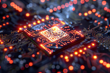 Digital QR code with glowing data stream on circuit board