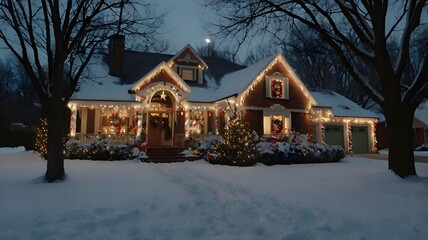Christmas tree in the city at night. Christmas house in the forest. Christmas and Holiday Decorations. Festive lights, decorations, trees, ornaments, winter wonderland scenes.