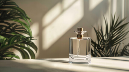 Minimalist perfume bottle mock up with abstract light shadows.