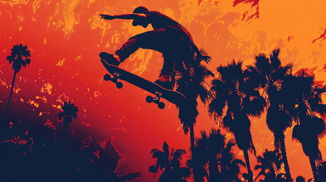 Skateboarder performing cool tricks under colourful skies.