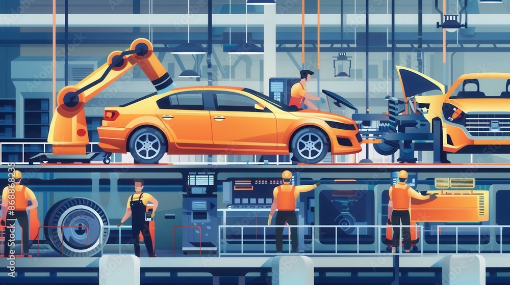 Aufkleber a vibrant illustration depicting a busy car assembly line with robotic arms and human workers. gener