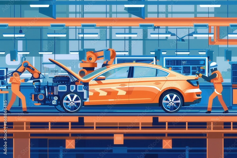 Poster A dynamic illustration of a car assembly line showcasing workers and robots collaborating to assemble a new car. Generative AI