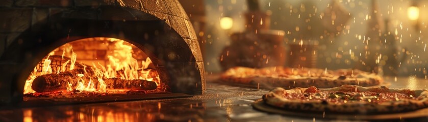 Obraz premium Pizza oven close up, focus on, copy space, roaring fire, double exposure silhouette with Italian piazza scene
