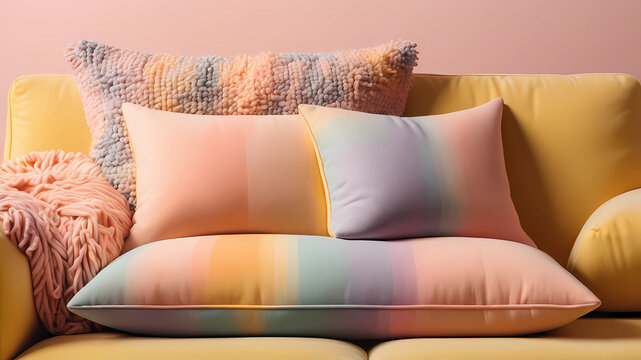 A vibrant yellow banana-shaped couch sits in a cozy living room, its curve cradling a pile of colorful cushions.  on the wooden floor, a patterned rug adds a touch of eclectic charm, and a potted plan