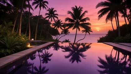 Fototapeta premium Radiant dusk: A tranquil infinity pool reflecting the brilliant oranges and purples of a tropical sunset, with lush tropical foliage creating a serene atmosphere.