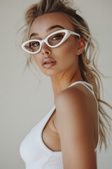 Naklejka premium Chic Beautiful Woman in White Sunglasses and Top Against Neutral Background