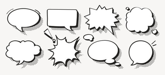 Speech bubble vector in halftone style set. Collection of empty comic speech bubbles with halftone shadows. Pop art style