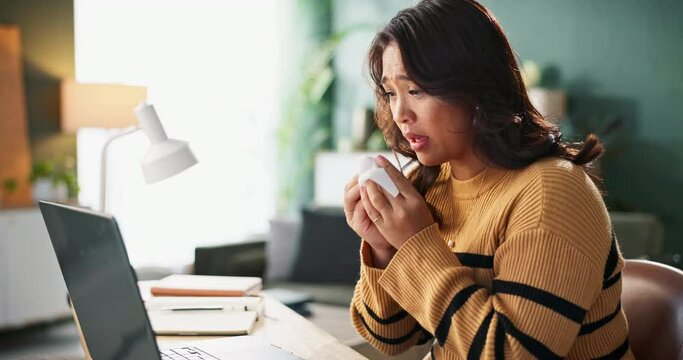 Remote work from home, sneeze and woman with tissue, virus and flu season with burnout, laptop and sick. Person, entrepreneur and freelancer with stress, illness and deadline with cold and allergies