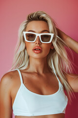 Fototapeta premium Chic Beautiful Woman in White Sunglasses and Top Against Neutral Background