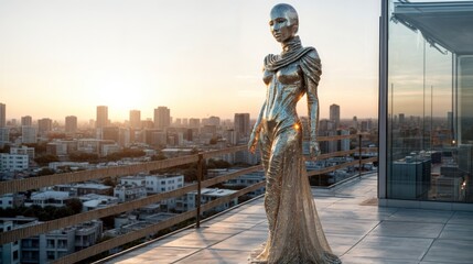 Metallic humanoid robot on rooftop with city skyline at sunset