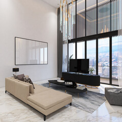 3d render of luxury loft interior design living room with frame mock up. White marble floor, white wall and white ceiling. Set 8