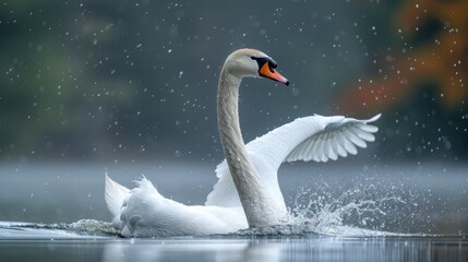 Fototapeta premium Elegant Swan Taking Flight in Rain