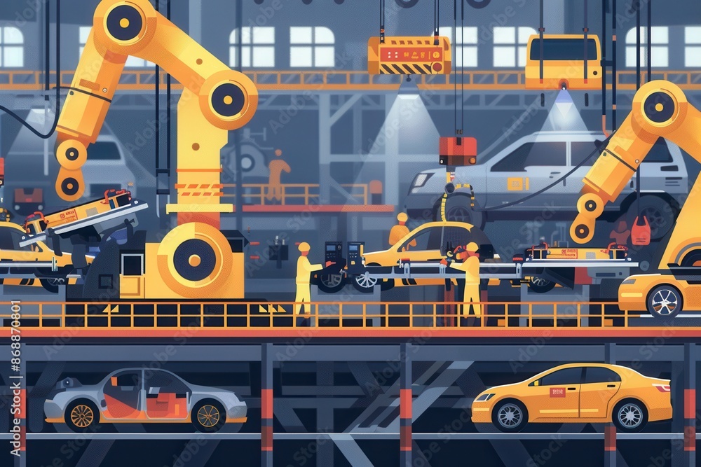 Poster A depiction of an automotive assembly line with workers and robots assembling cars in a modern, industrial setting. Generative AI
