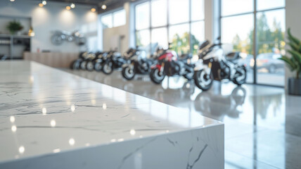 Obraz premium White table with blurred row of motorbikes in the background