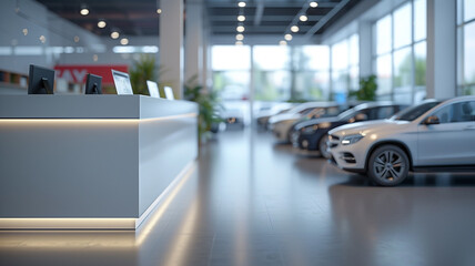 Reception desk with blurred row of cars in the dealership in the background