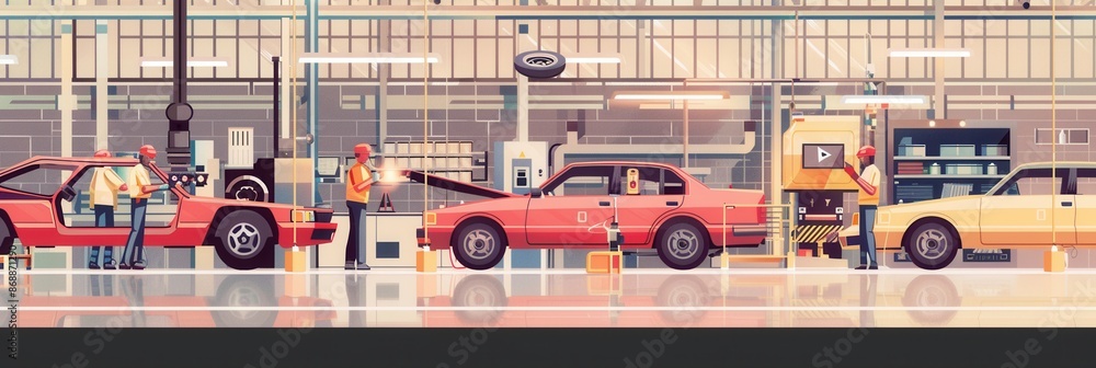Poster workers in a busy body shop assemble car frames using welding equipment. generative ai