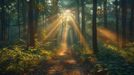 Fototapeta premium Sunlight Beaming Through Forest Trees - Generative AI