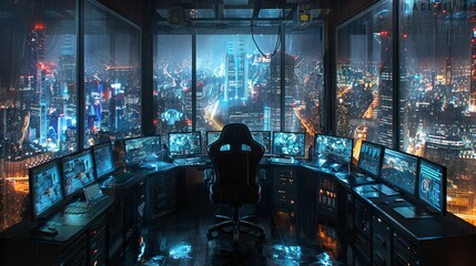 High-Tech Command Center with Futuristic Cityscape View - Generative AI