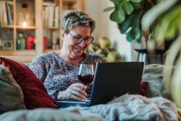 Relaxing at home older woman working on laptop and enjoying glass of red wine on couch
