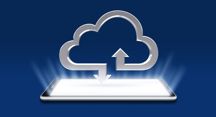 スマートフォンとクラウドアイコン、クラウドサービスのネットワークイメージ