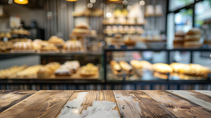 Empty wooden table with blurred bakery display background