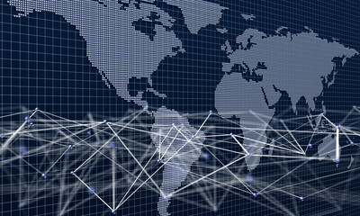 世界地図とネットワーク、情報伝達のイメージ