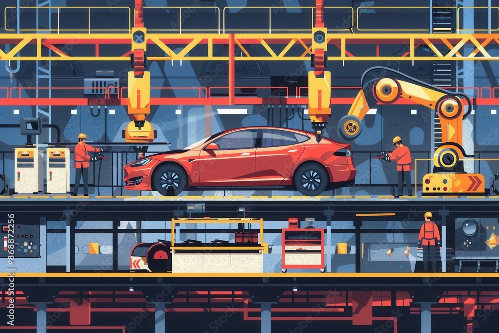 Leinwandbilder A dynamic illustration of a car assembly line with workers and robots collaborating to build vehicles. Generative AI