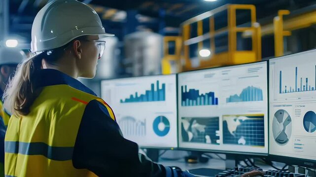 A logistics manager in a warehouse is reviewing inventory levels and production schedules on a computer screen