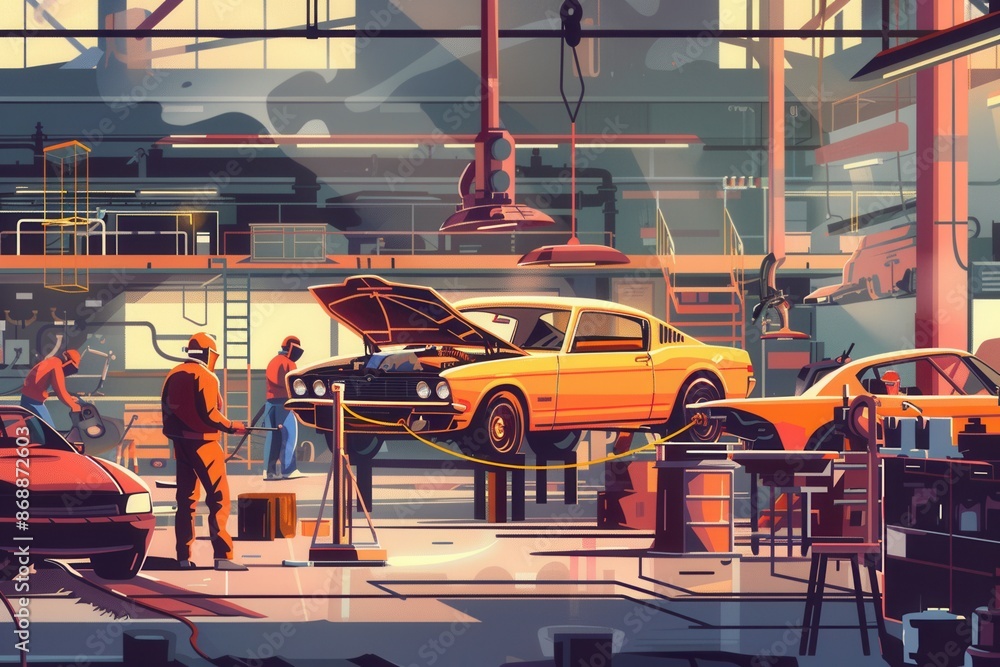 Poster workers in a body shop assemble a classic car, using welding tools and technical expertise. generati