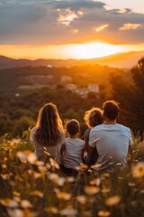 Embracing Unity: Happy Family Watching Sunset in Natural Landscape