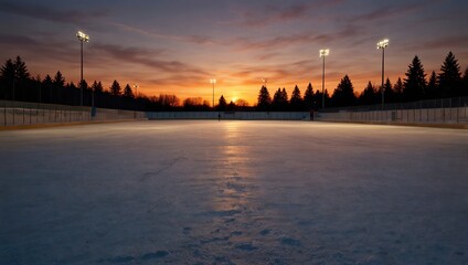 Obraz premium The image is of an ice skating rink at sunset.