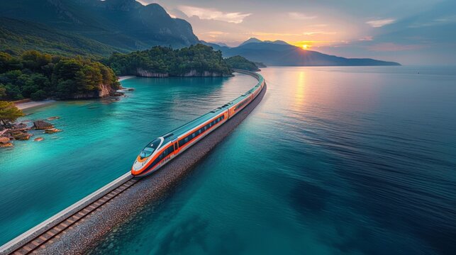 High-speed train on coastal railway at sunset - Generative AI - Powered by Adobe