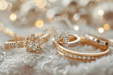 Elegant close-up of sparkling diamond rings on a lace background, bathed in soft, warm light creating a luxurious and romantic ambiance.