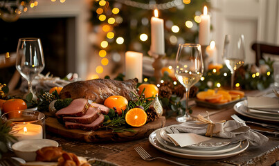 Festive holiday dinner table setting with roasted ham, oranges, candles, and elegant decor, creating a warm and inviting atmosphere.