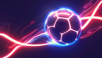 Glowing neon soccer ball with dynamic light trails on a dark background, creating an electric and vibrant energy effect.