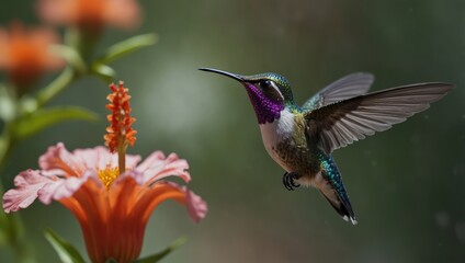Fototapeta premium A hummingbird is flying towards a red flower