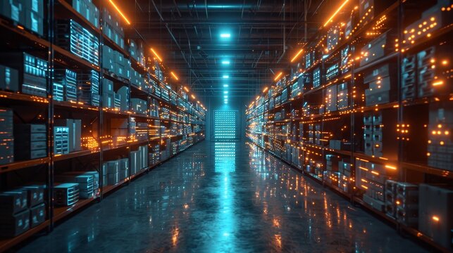 Futuristic Warehouse with Glowing Shelves - Generative AI
