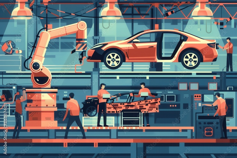 Fototapete A vibrant illustration of a car assembly line with workers and robots assembling vehicles, showcasing the dynamic and efficient nature of modern manufacturing. Generative AI