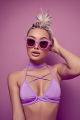 Fototapeta premium Chic Woman in Sunglasses and Purple Bikini Against Purple Background