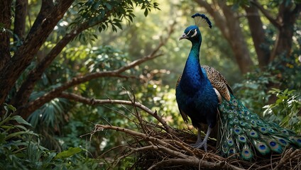 A brightly colored peacock with a long tail stands on a branch in a forest.

